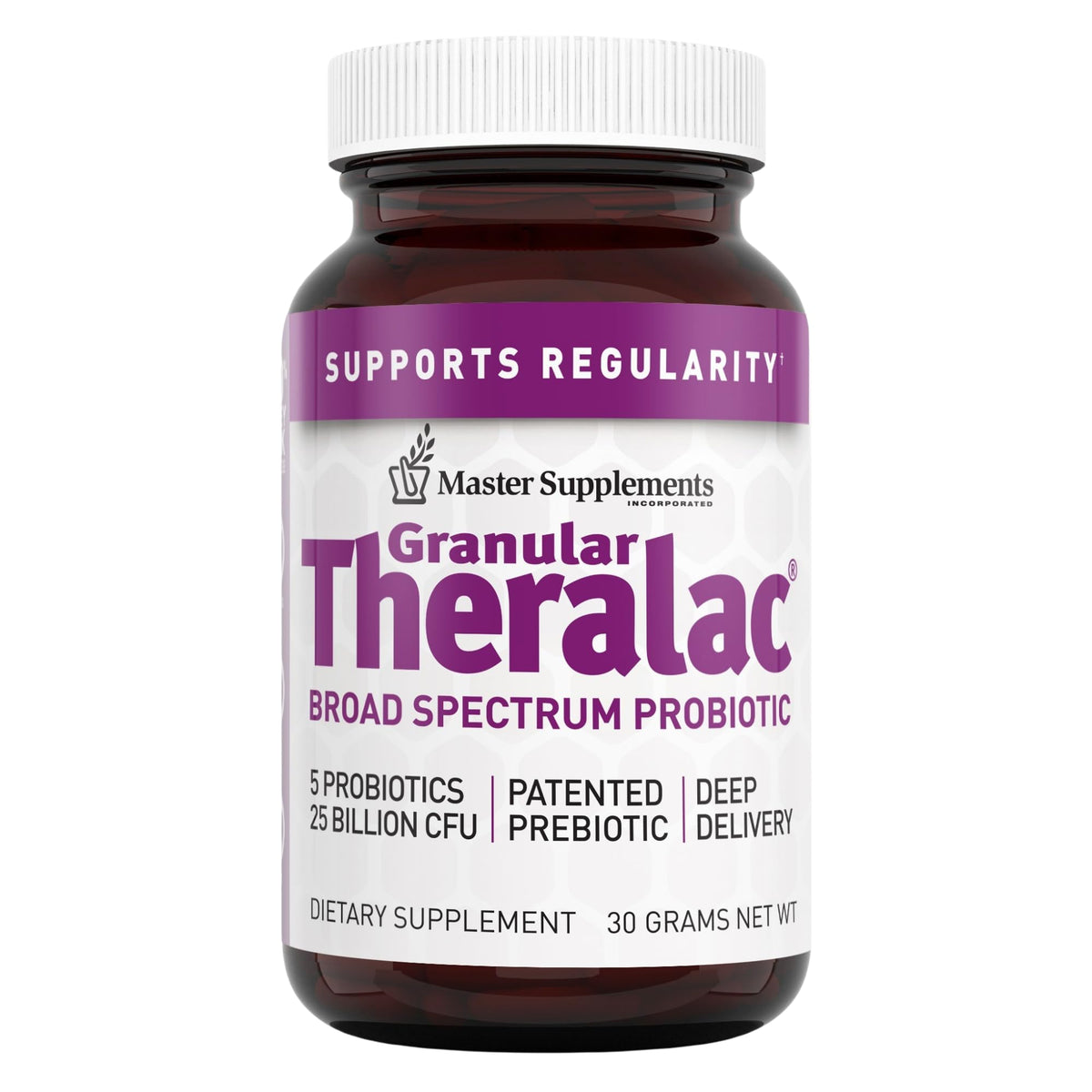 THERALAC granular bottle for on-the-go probiotic support and easy dosing.