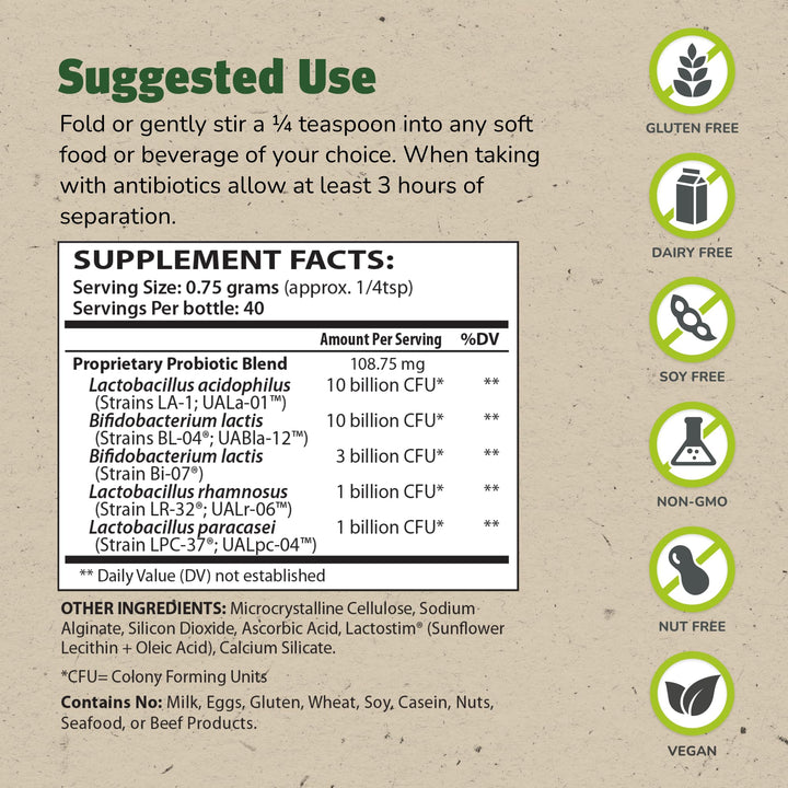 THERALAC powder scoop demonstrating precise measuring for daily probiotic use.