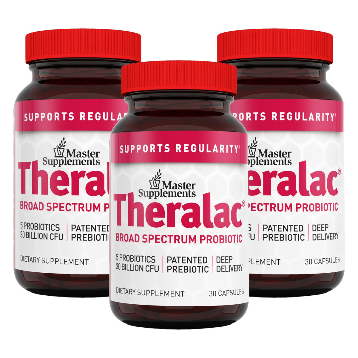 Theralac three-pack bottles for convenient daily probiotic routine
