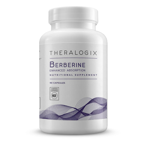 Theralogix Berberine phytosome bottle front highlighting enhanced absorption for metabolism.