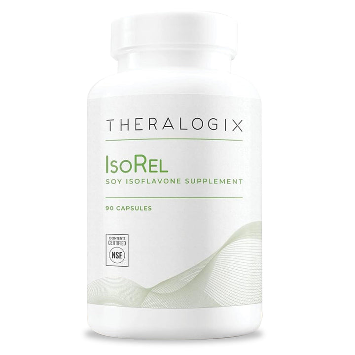 Theralogix IsoRel bottle label highlights whole soybean extract for menopause support.