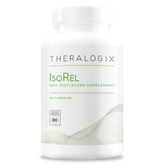 Theralogix IsoRel bottle label highlights whole soybean extract for menopause support.