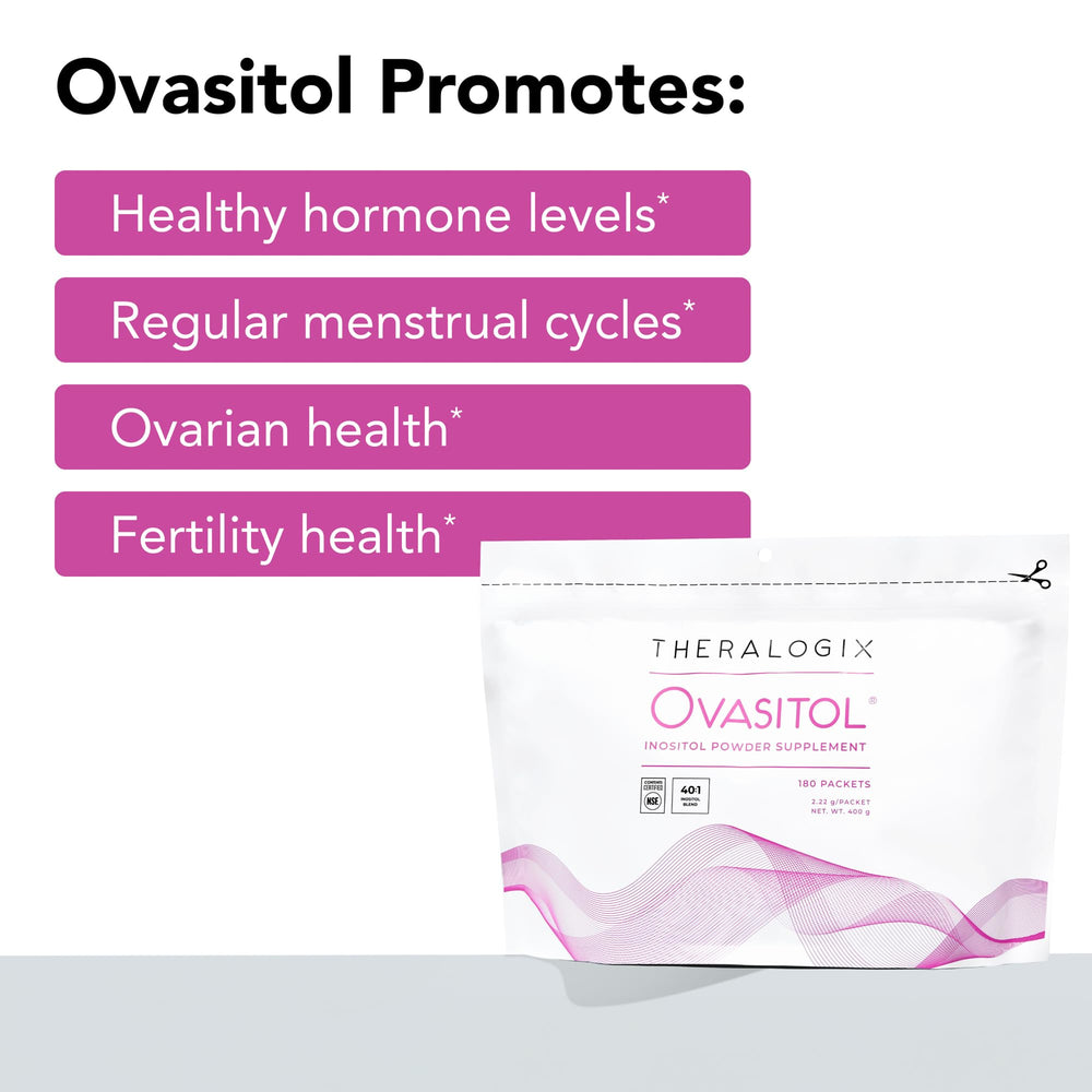 Theralogix Ovasitol 40:1 ratio showcases myo-inositol and D-chiro inositol in one serving.