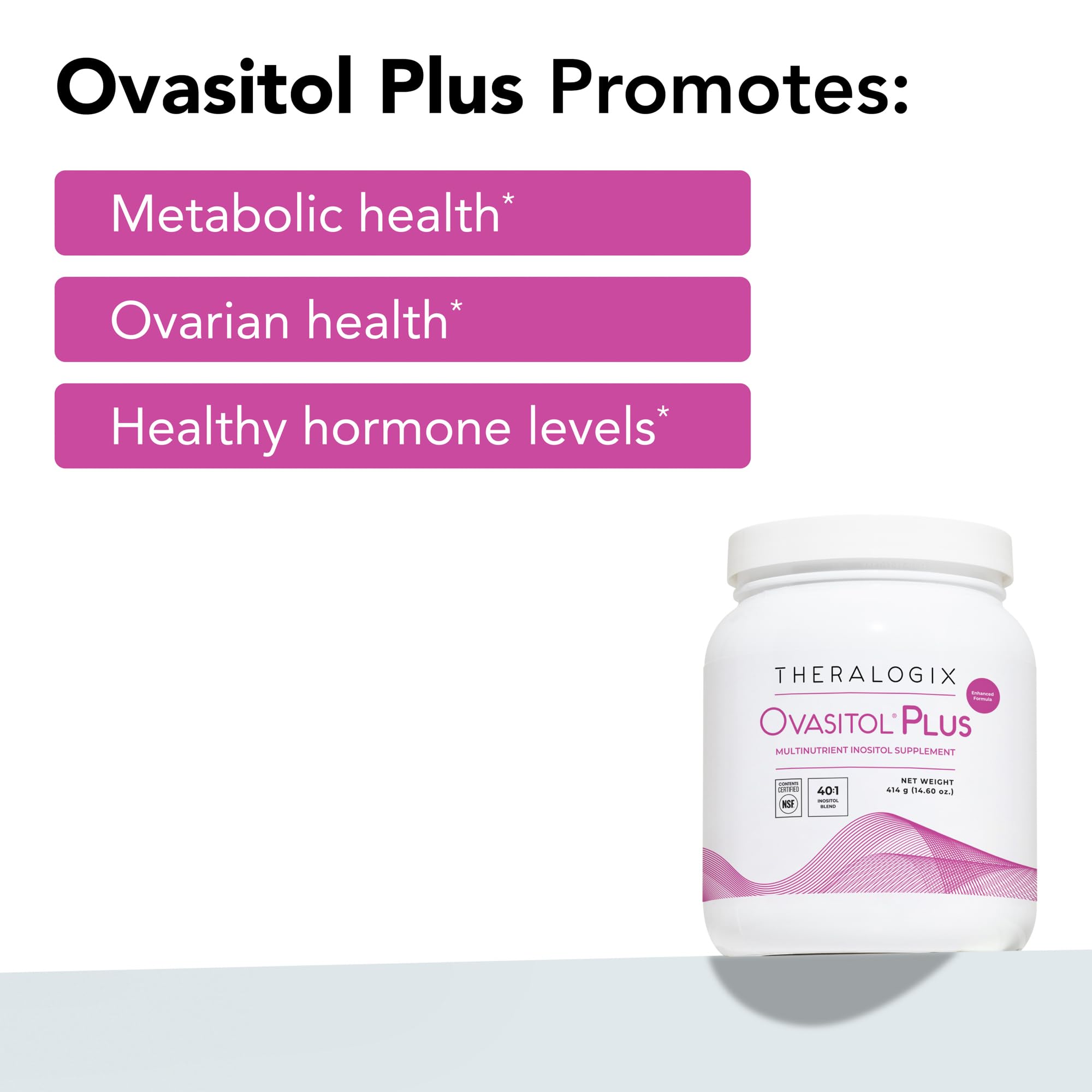 Theralogix Ovasitol Plus gluten-free icon on label confirms dietary suitability