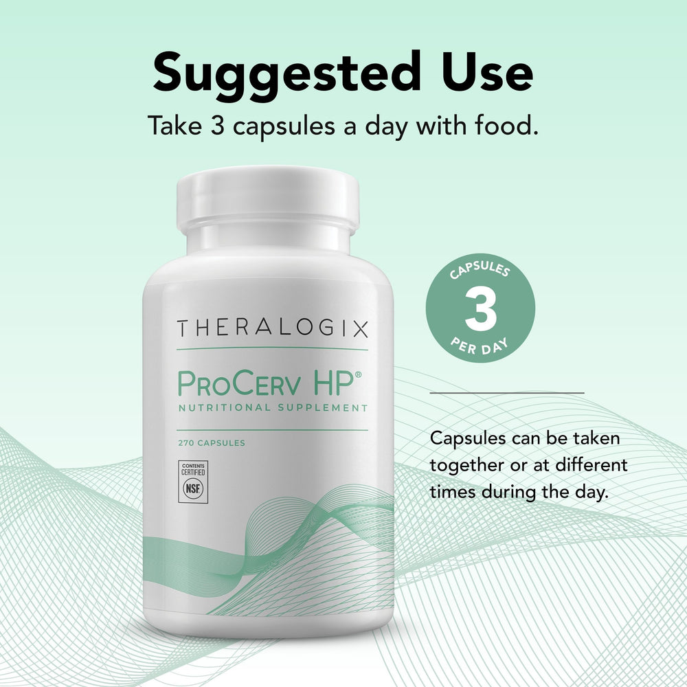 Theralogix ProCerv HP capsules closeup highlights easy-to-swallow daily capsules