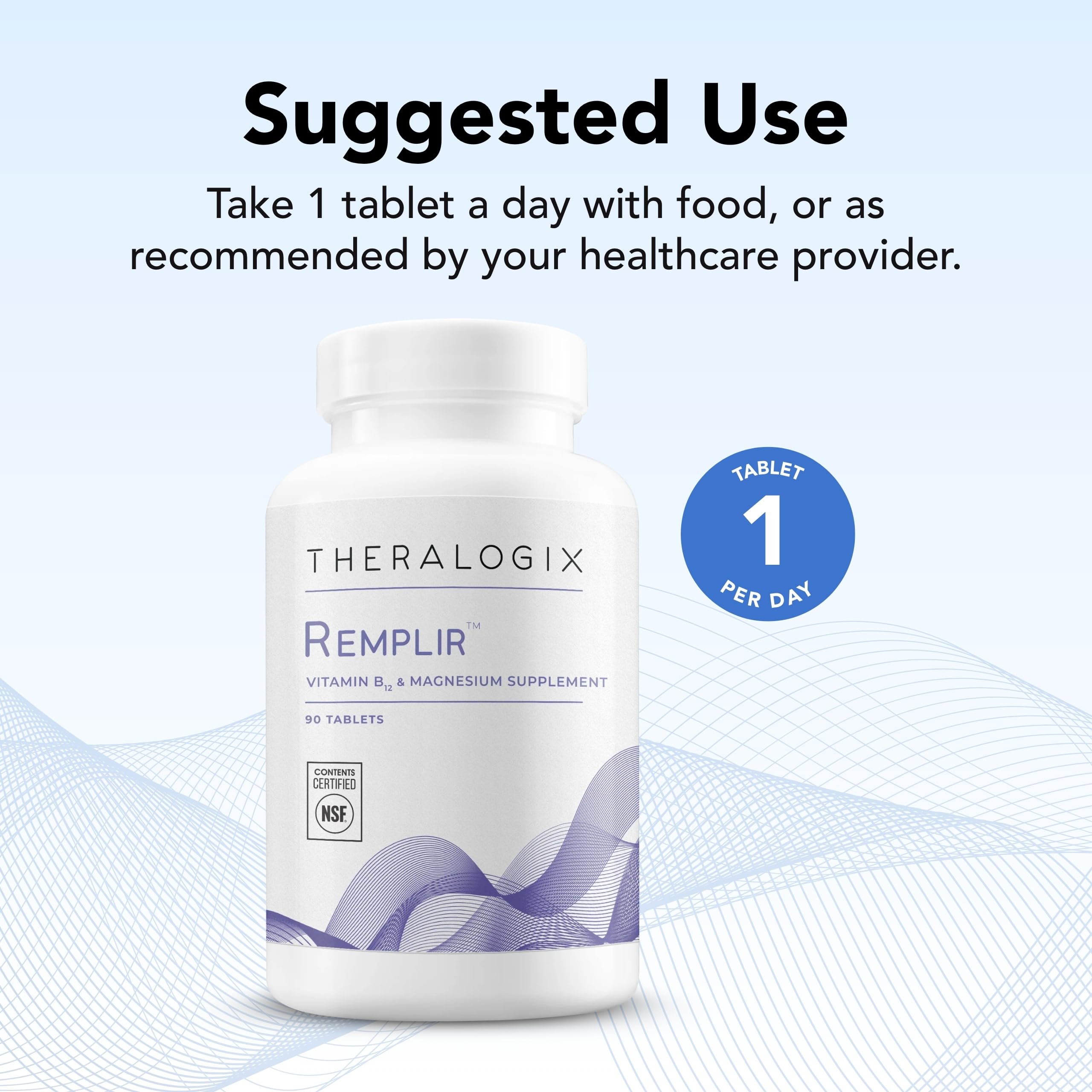 Theralogix Remplir tablets close-up showing methylated B12 and chelated magnesium.