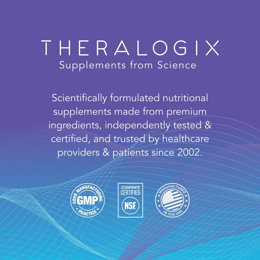 Label detail emphasizes vegan and gluten-free attributes of Theralogix product.