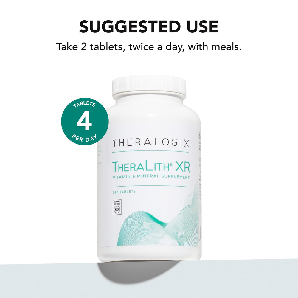 Theralogix TheraLith XR label highlights NSF certification and vegan, gluten-free formula.