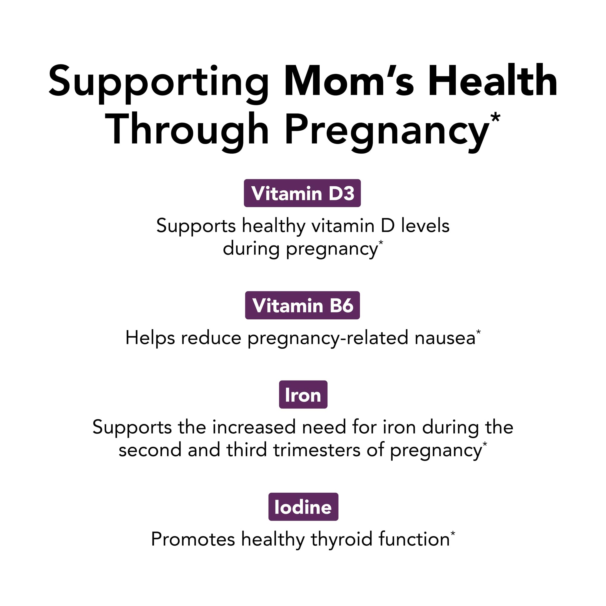 Label on TheraNatal highlights 250 mg choline and folate with 300 mg DHA for expectant moms