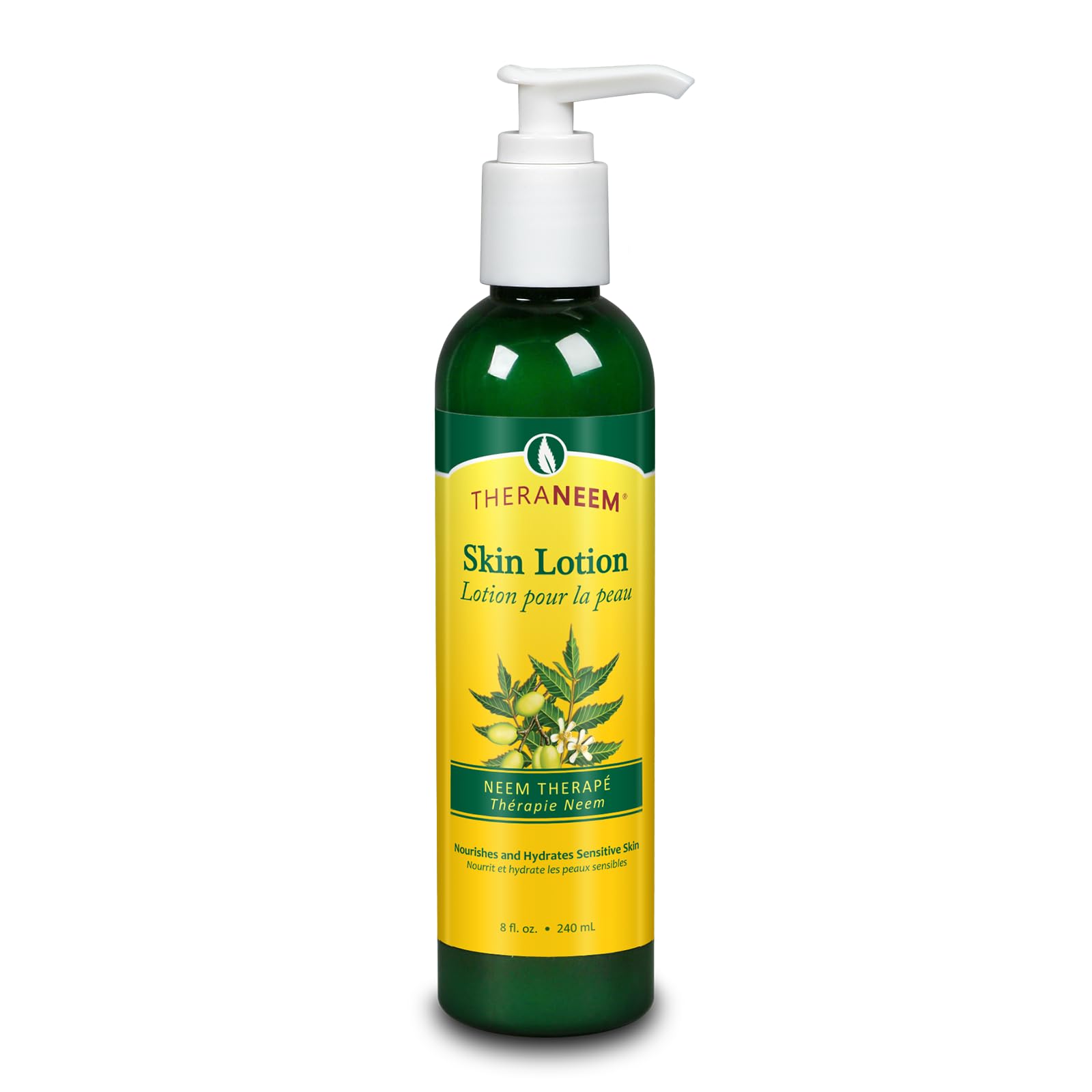 TheraNeem Neem Therapé Skin Lotion bottle pour showing rich hydration for dry, sensitive skin