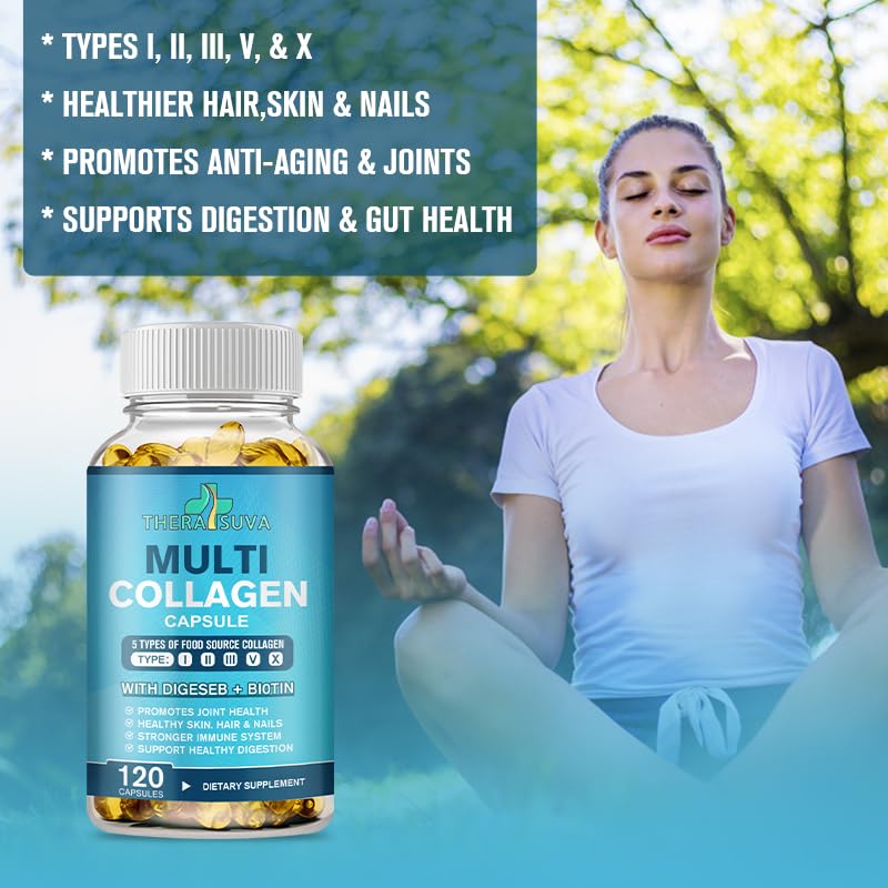 Pouring TheraSuva capsules for a simple daily routine targeting hair, skin, nails, and joints.