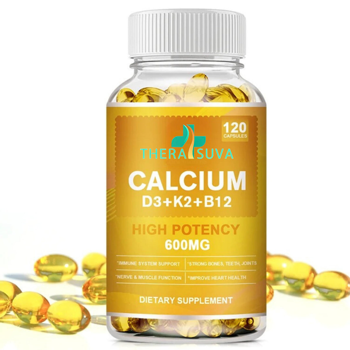 TheraSuva Extra Strength calcium bottle pour for easy daily dosing and bone health.