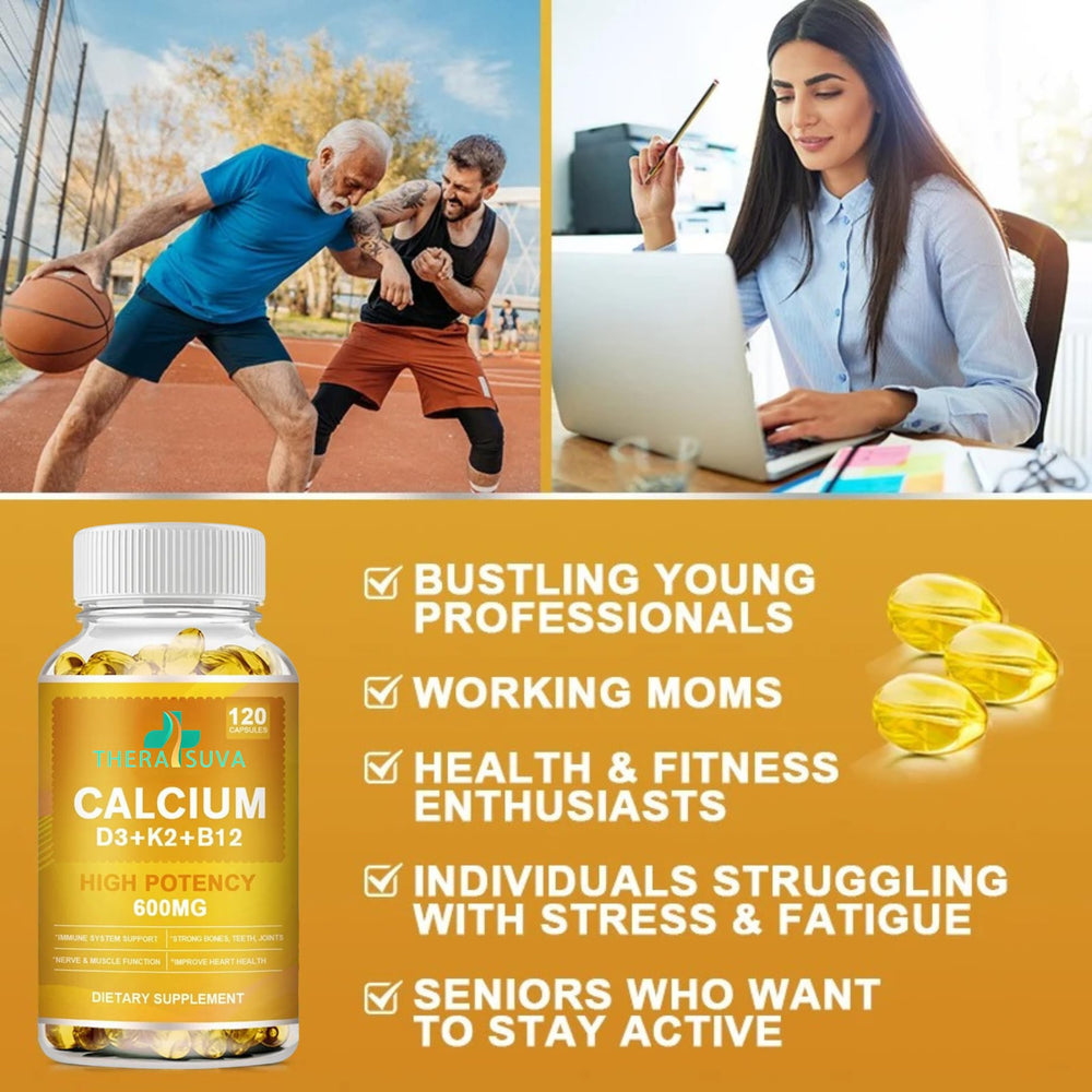 TheraSuva calcium capsules close-up showing 600 mg dose and softgel form.
