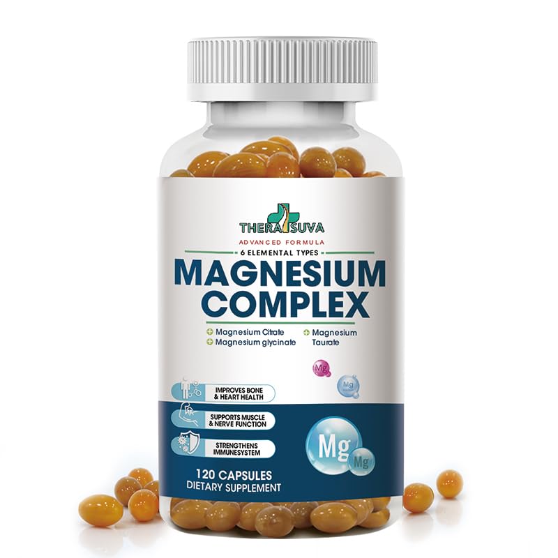 TheraSuva High Absorption Magnesium Complex bottle highlighting six bioavailable forms for overall support