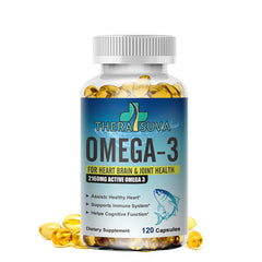 TheraSuva Triple Strength Omega-3 bottle front, supports heart and brain health.