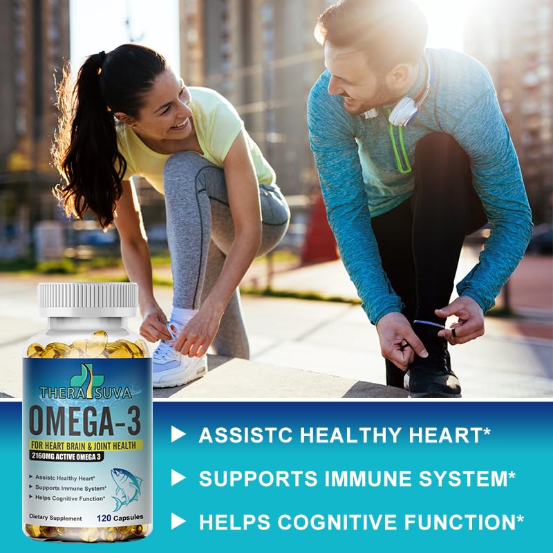 TheraSuva Omega-3 capsules outline, high potency EPA and DHA.