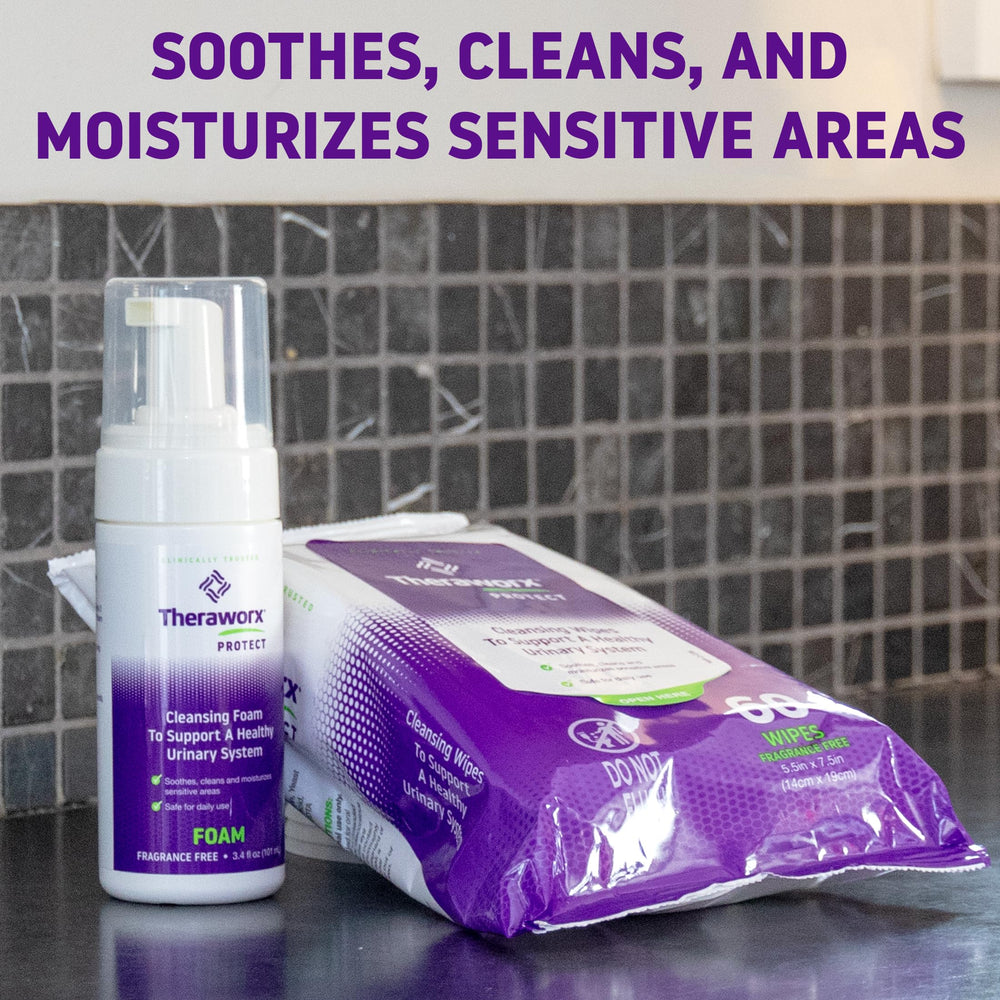 Theraworx Protect U-Pak foam being dispensed for everyday intimate care.