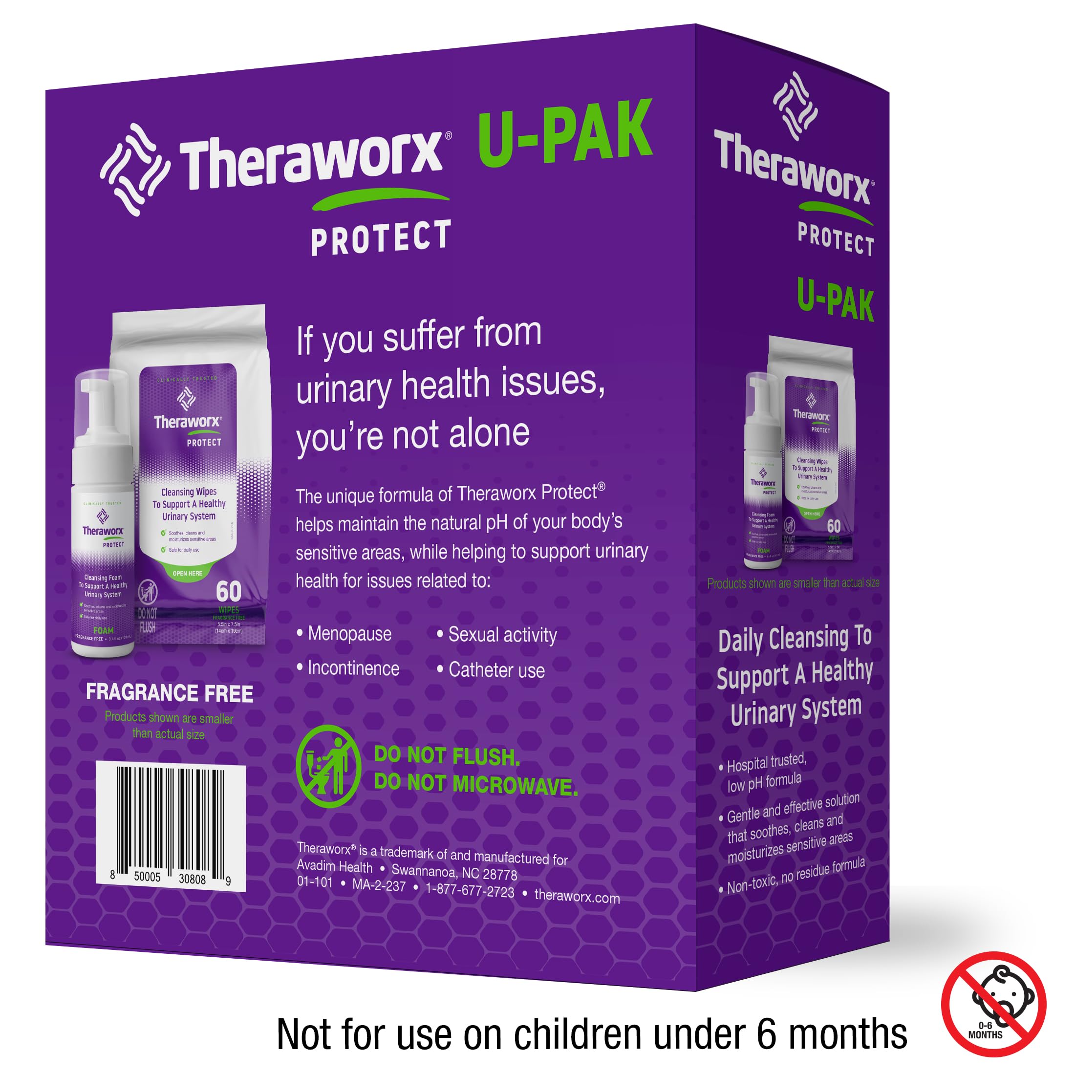 Theraworx Protect U-Pak packaging shown for convenient daily hygiene on the go.