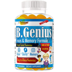 Therefore B.Genius Focus Gummies bottle showcases kid-friendly focus support in a daily routine.