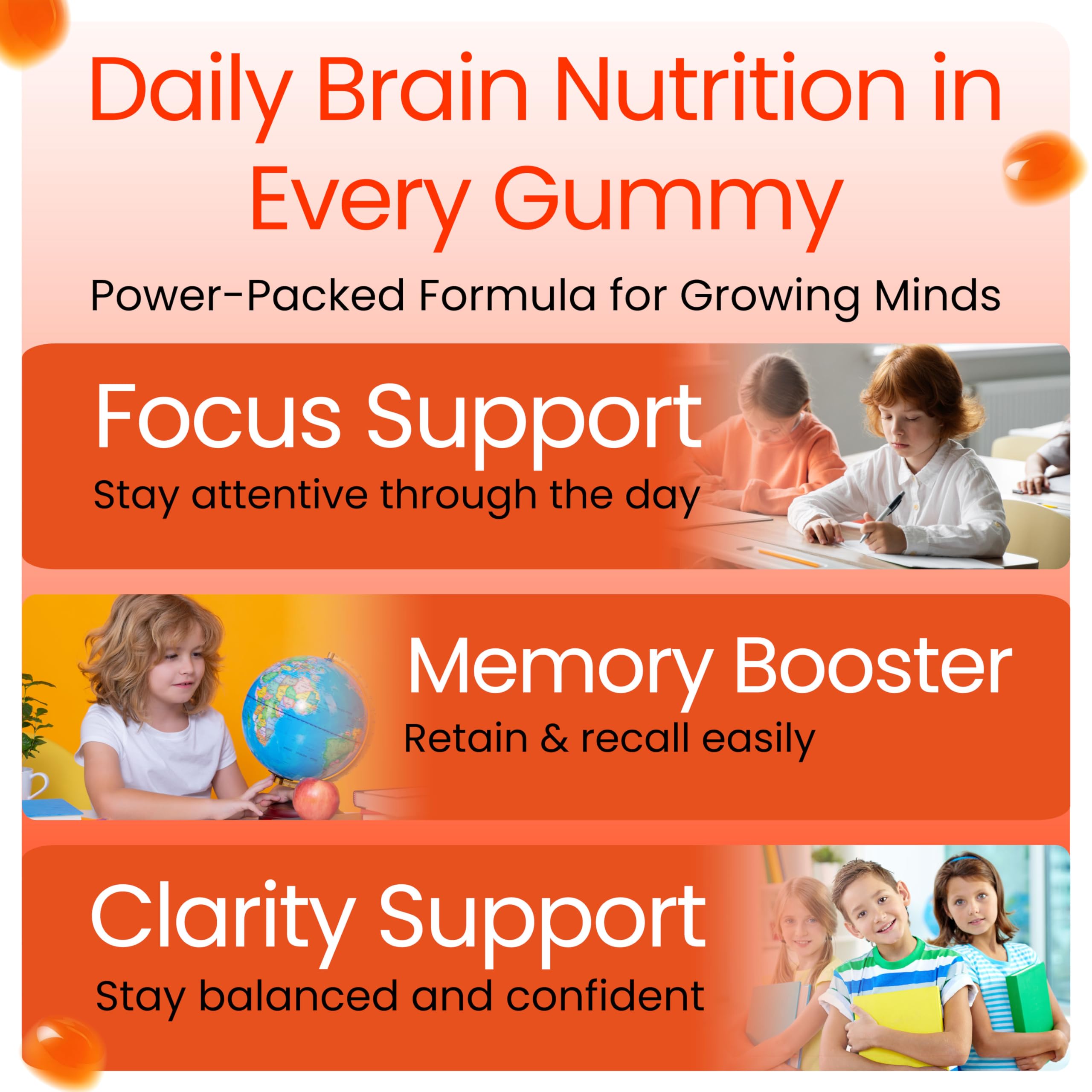 Therefore B.Genius orange-flavor gummies entice daily use without artificial taste additives.