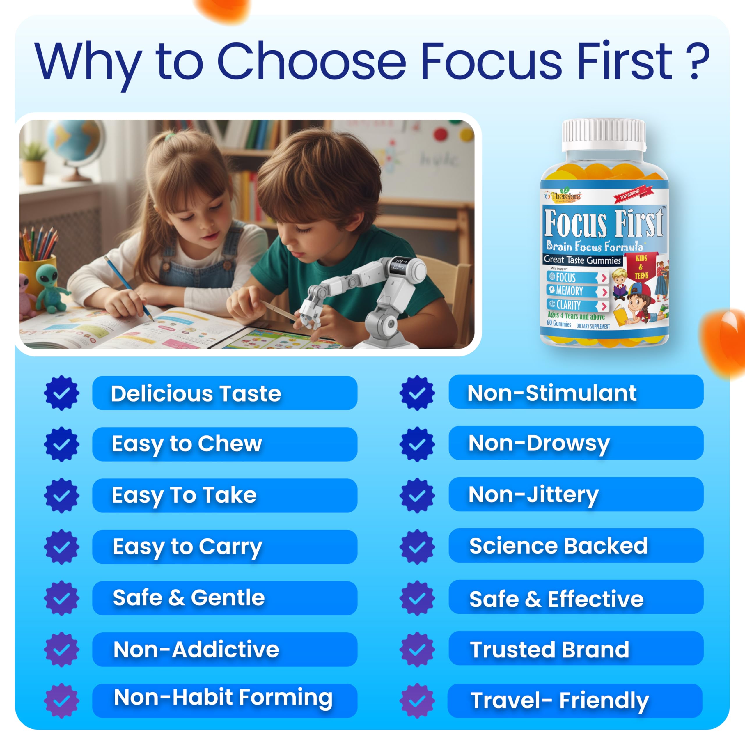 Therefore Kids Focus Gummies chew texture highlighted for effortless supplementation
