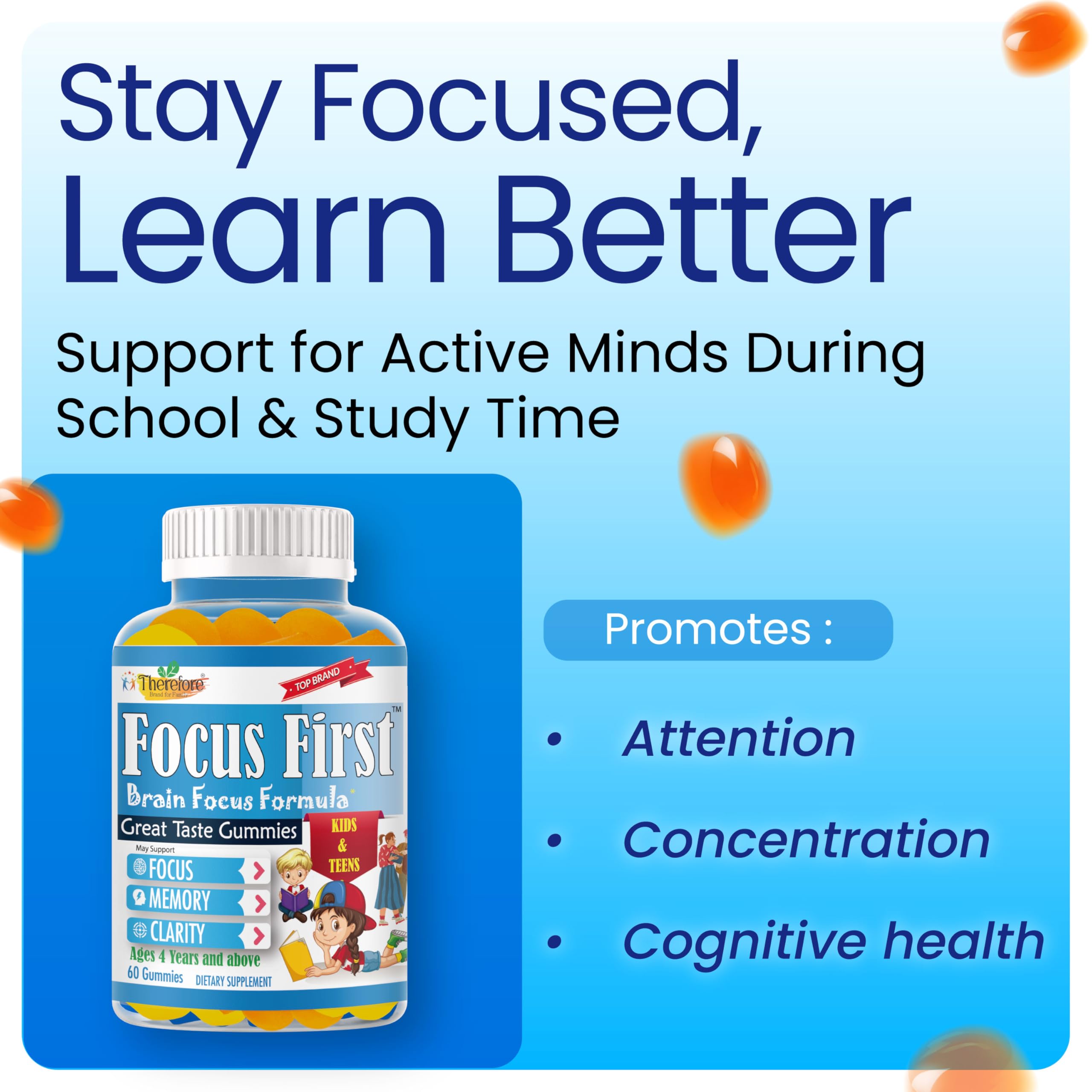 Therefore Kids Focus Gummies pack emphasizing vegan, non-GMO nutrition for growing minds