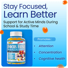 Therefore Kids Focus Gummies pack emphasizing vegan, non-GMO nutrition for growing minds