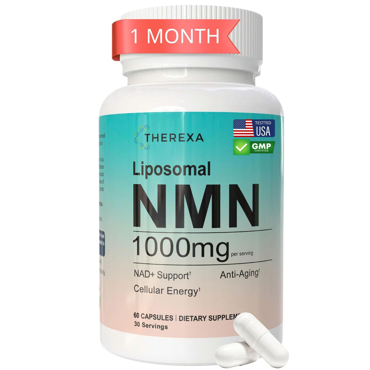 Therexa NMN bottle front shows the label for reliable NAD+ support.