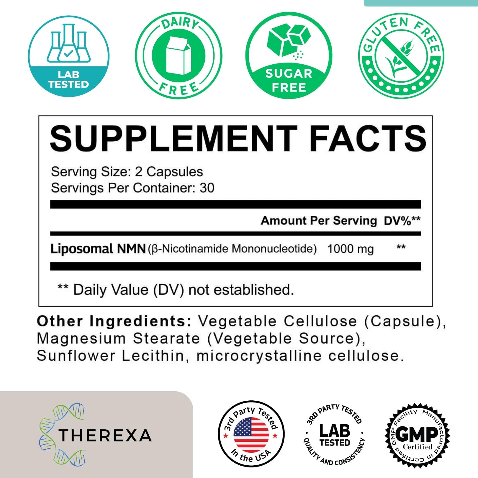 Therexa NMN capsules 60-count sit neatly, highlighting convenient daily supplementation.