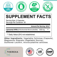 Therexa NMN capsules 60-count sit neatly, highlighting convenient daily supplementation.