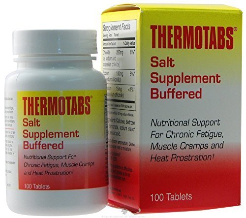 Thermotabs salt tablet bottle showing electrolyte balance for hydration during heat and activity.