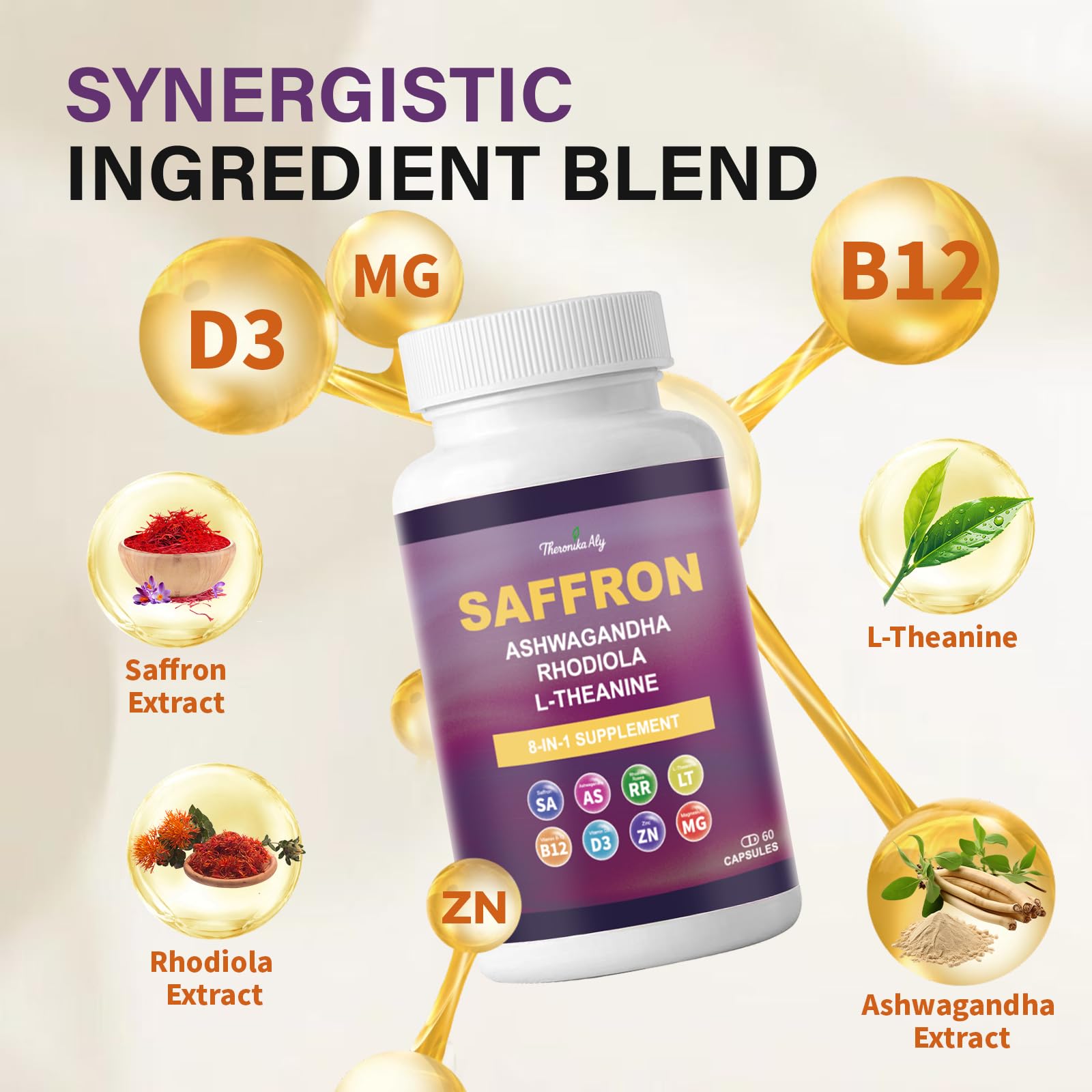 Theronika Aly saffron capsules with D3 and B12 for daily wellness