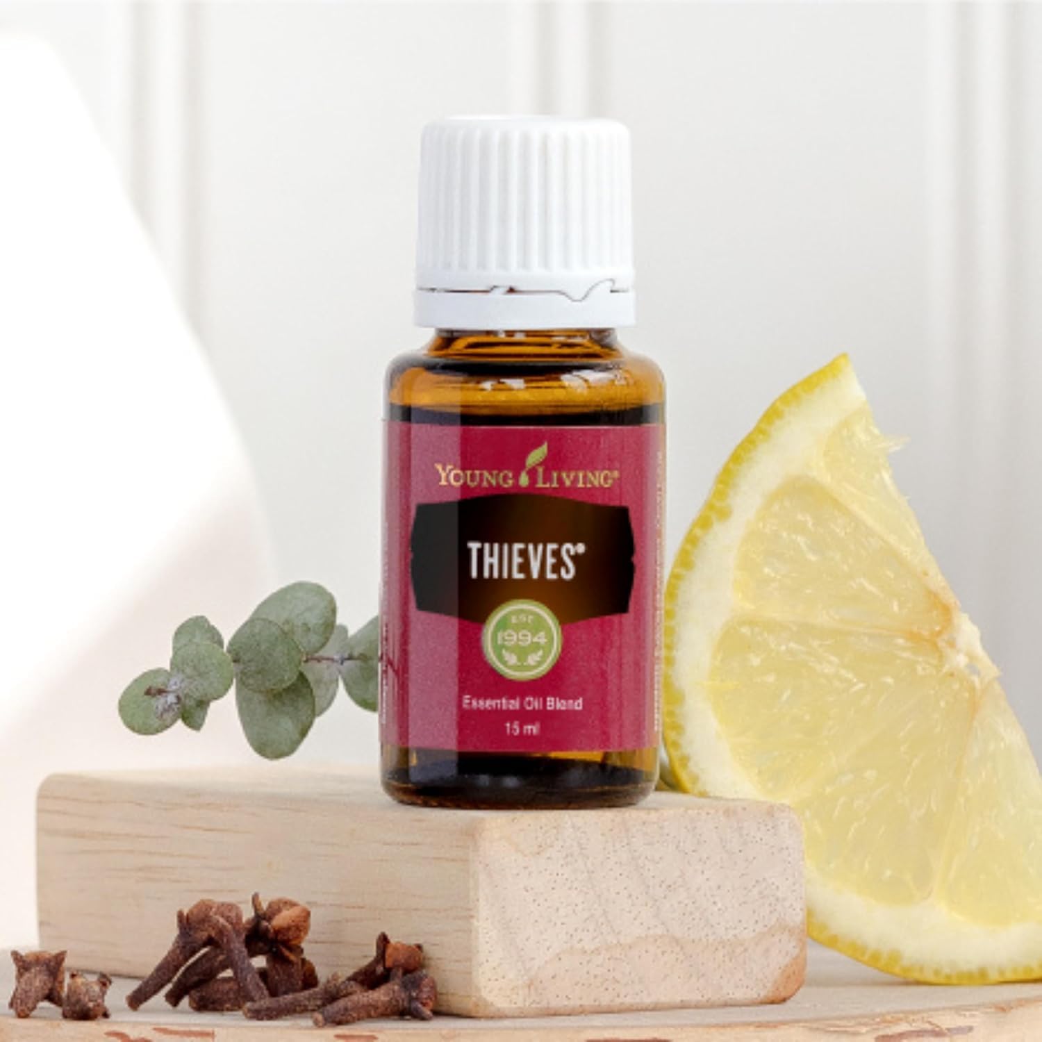 Thieves scent highlights clove, lemon, and cinnamon aromas for uplifting mood.