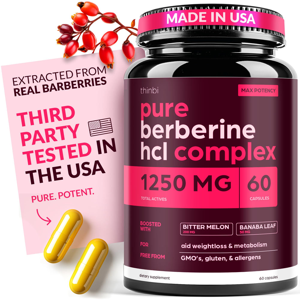 Thinbi Berberine supplement 1000mg bottle with capsules for metabolic support and gut health