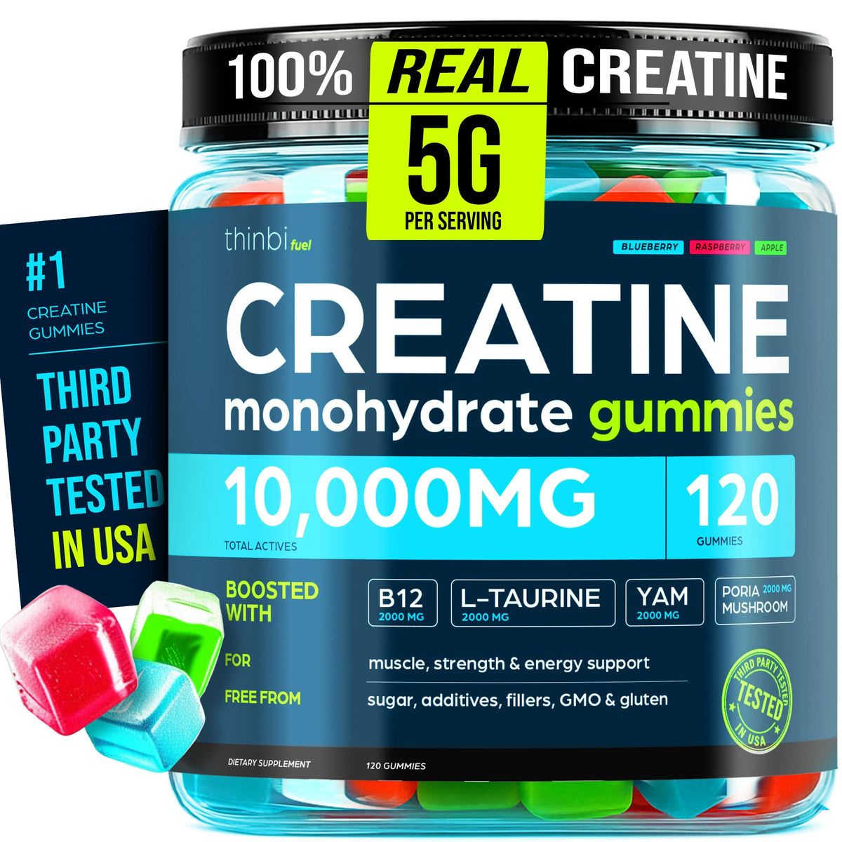 Thinbi Creatine Gummies bottle close-up for convenient pre-workout support.