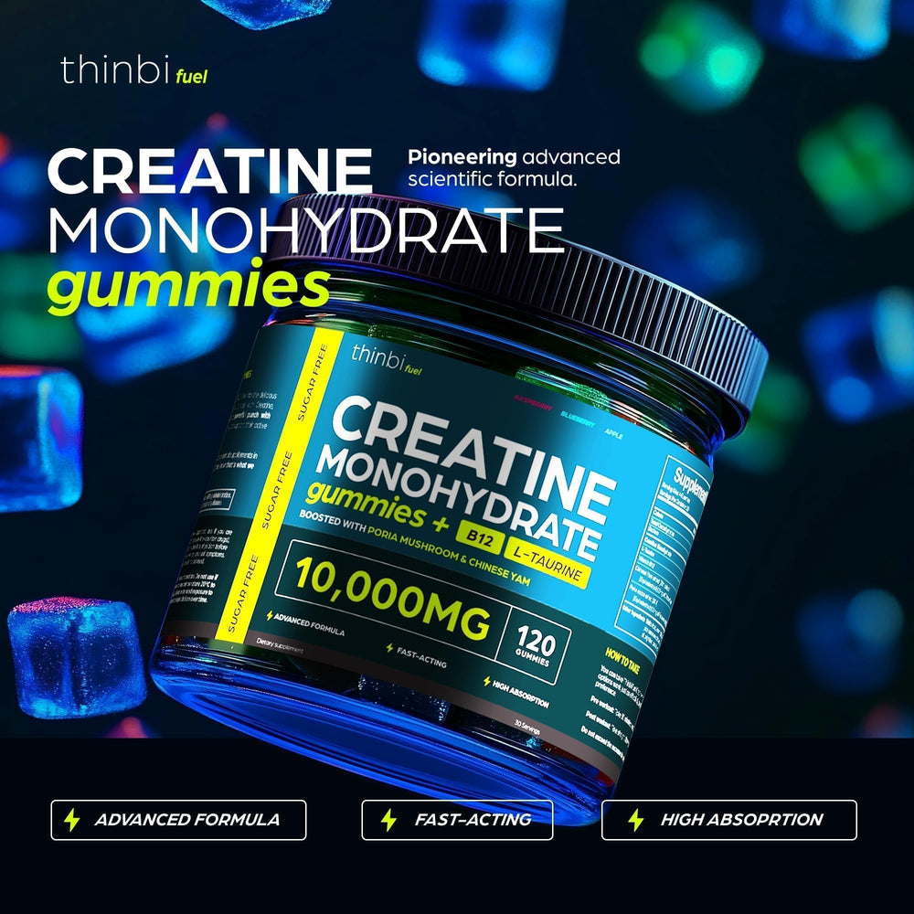 Thinbi Creatine Gummies pack highlighting chewy muscle support for workouts.