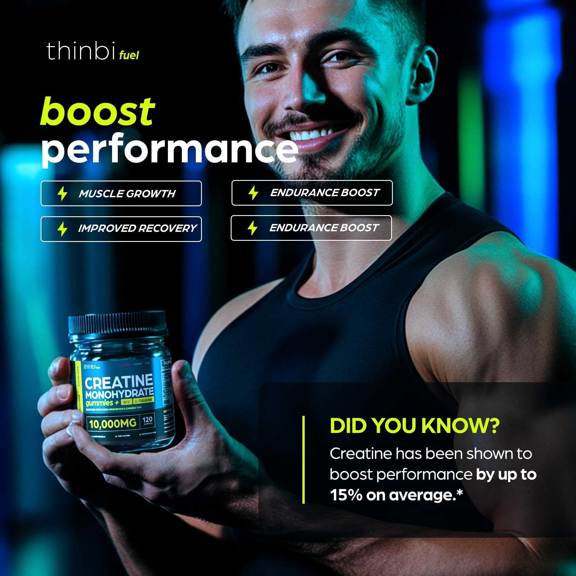 Thinbi Creatine Gummies pre-workout setup for on-the-go training nutrition.