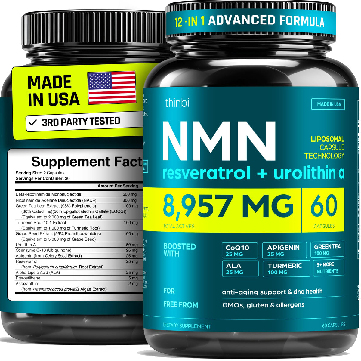 Thinbi NMN Real NAD+ bottle showing energy and longevity focus.