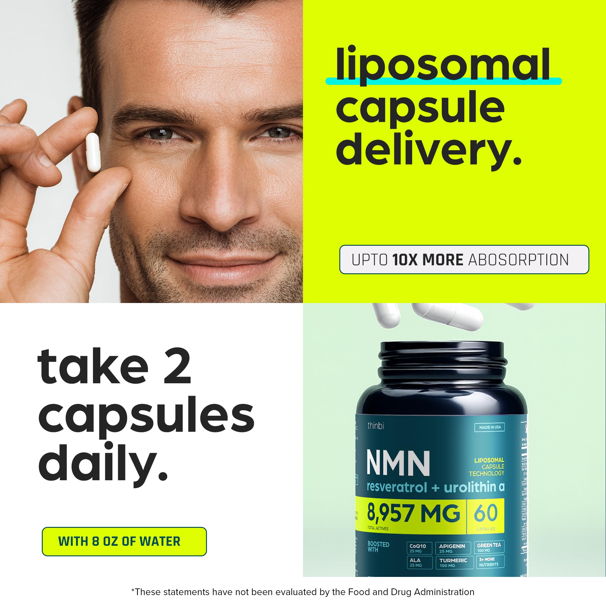 Thinbi Trans-Resveratrol capsule on white background for antioxidant support.