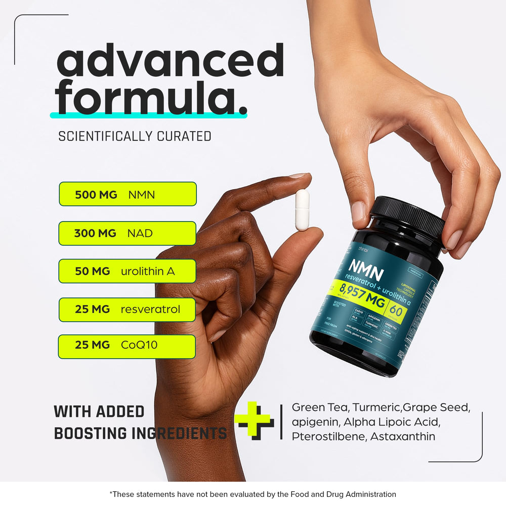 Thinbi Urolithin A capsule close-up highlighting longevity ingredients.