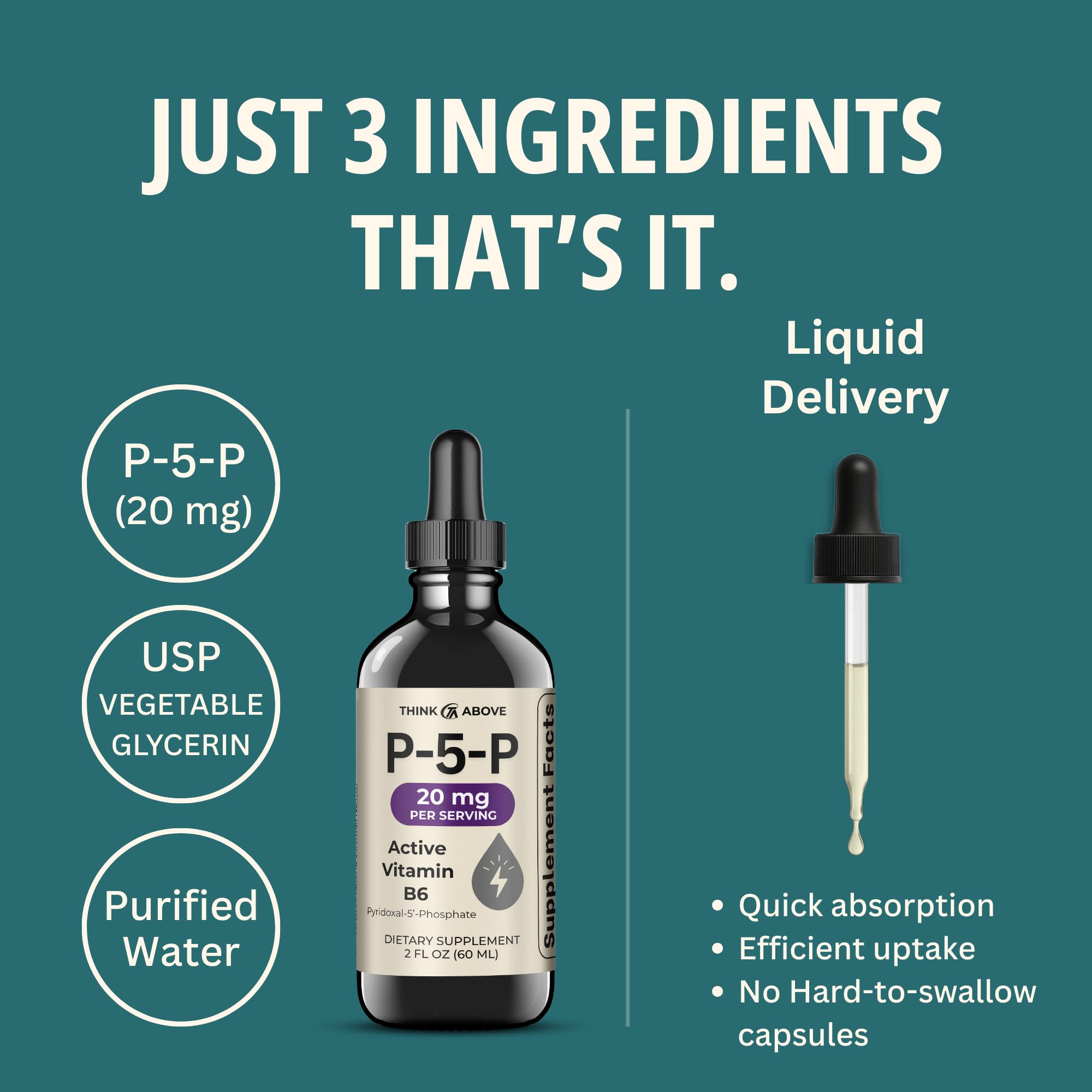 Think Above P5P Liquid Drops close-up reveals pure liquid formula suitable for dosing.