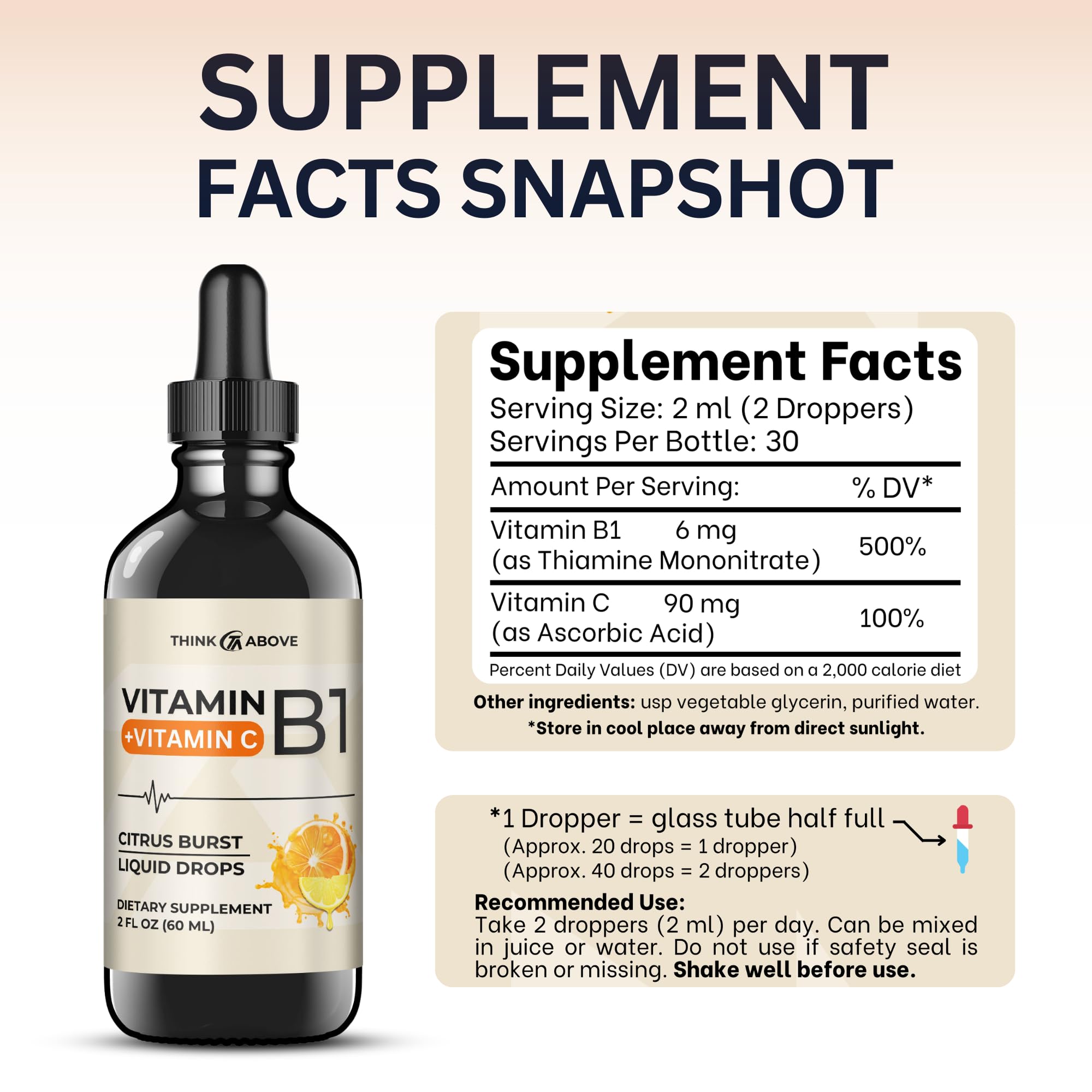 Think Above vitamin B1 and C liquid drops being added to water for easy daily use.