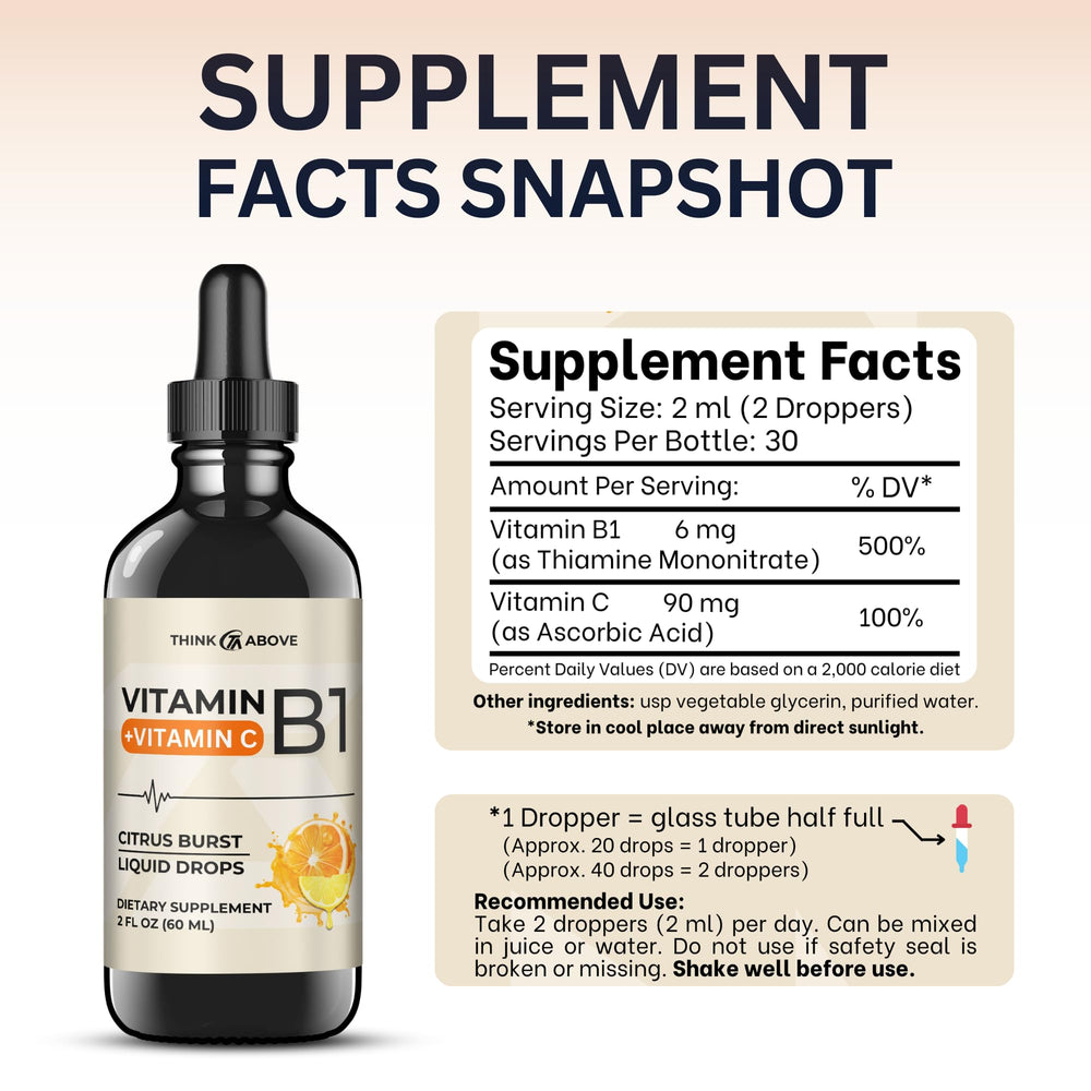Think Above vitamin B1 and C liquid drops being added to water for easy daily use.