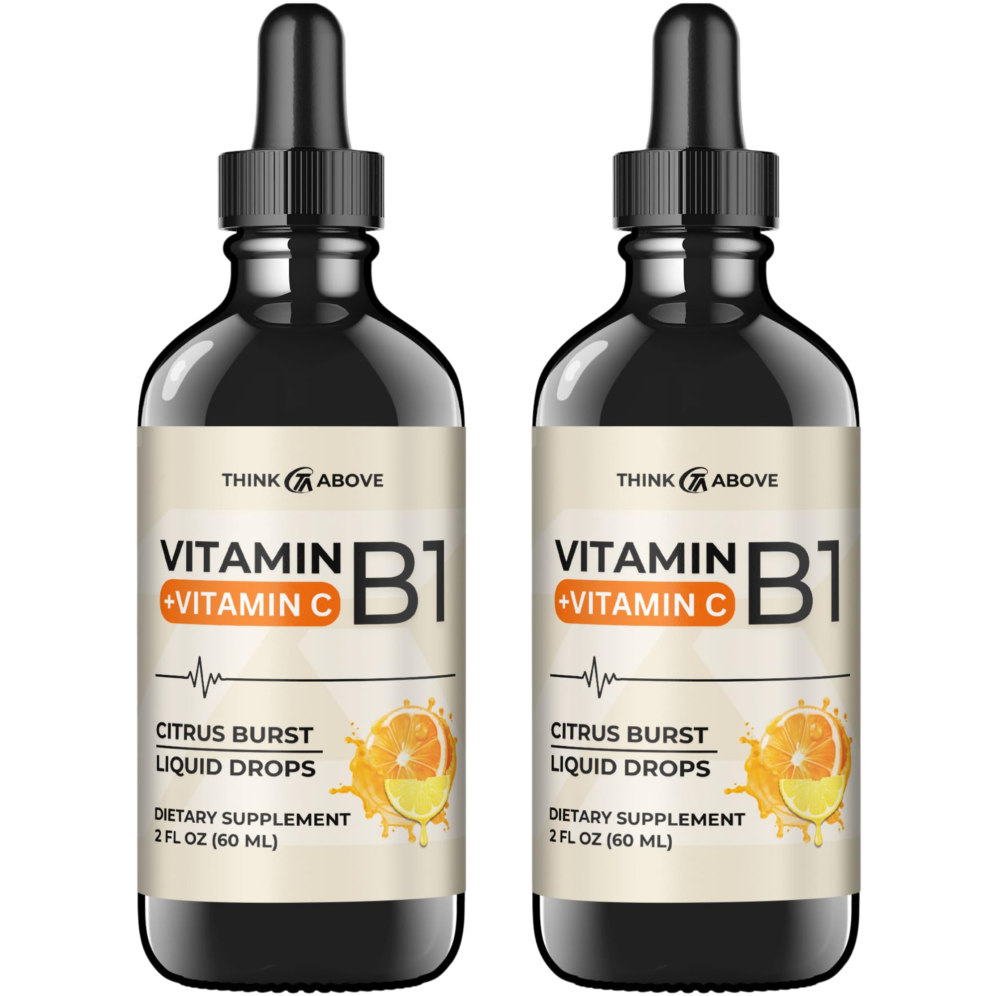 Think Above vitamin B1 and vitamin C liquid drops bottle with dropper for daily energy support.