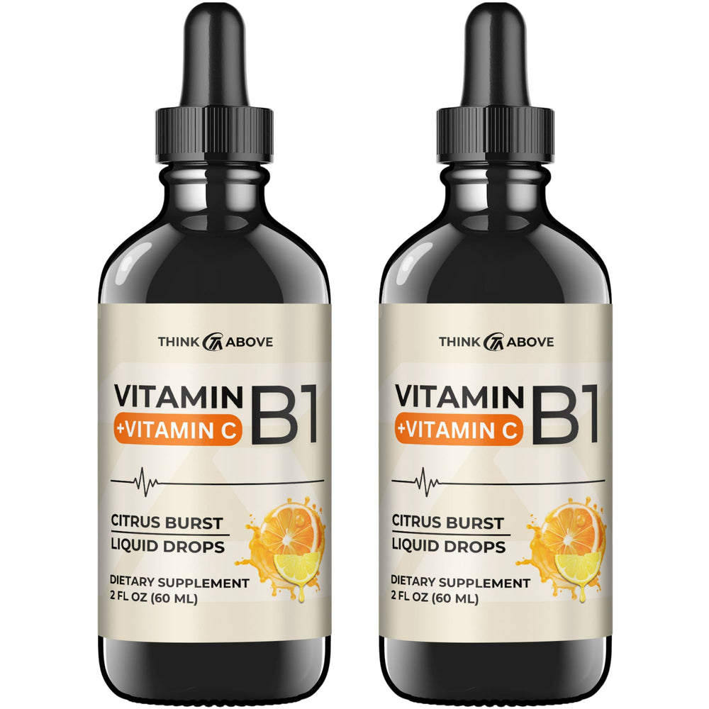 Think Above vitamin B1 and vitamin C liquid drops bottle with dropper for daily energy support.