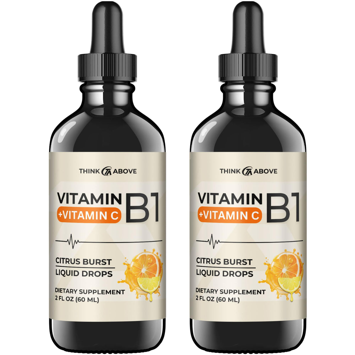 Think Above vitamin B1 and vitamin C liquid drops bottle with dropper for daily energy support.