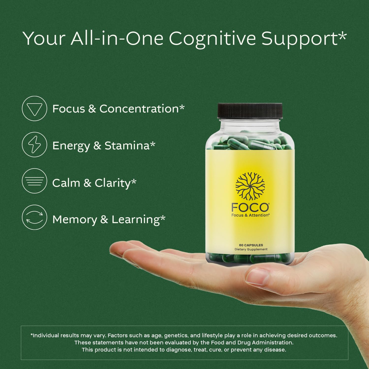 Closeup of Think FOCO capsules emphasizing convenient daily cognitive support.