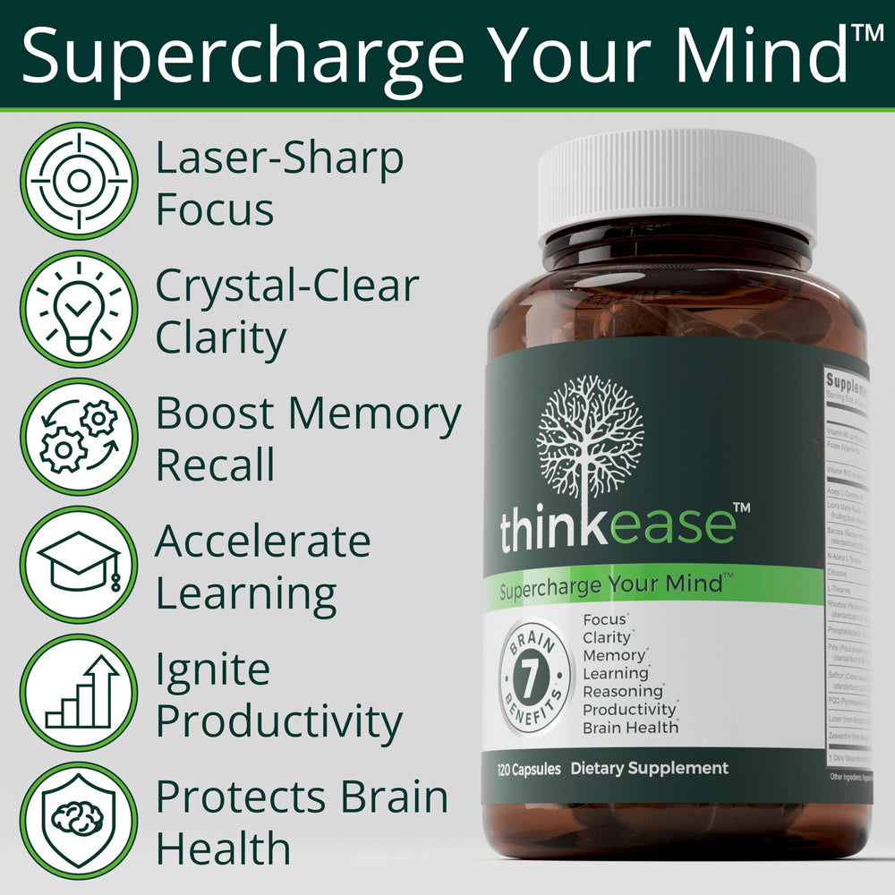 ThinkEase bottle back label shows clean-label formula and six groups.