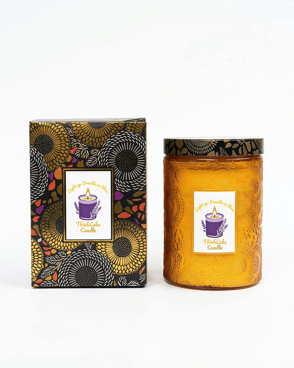 ThinkLabs Organic Daisy Cedar Candle in amber glass jar creates a cozy ambiance.