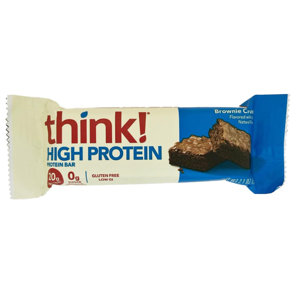ThinkThin Brownie Crunch bar nutrition closeup emphasizing protein content.